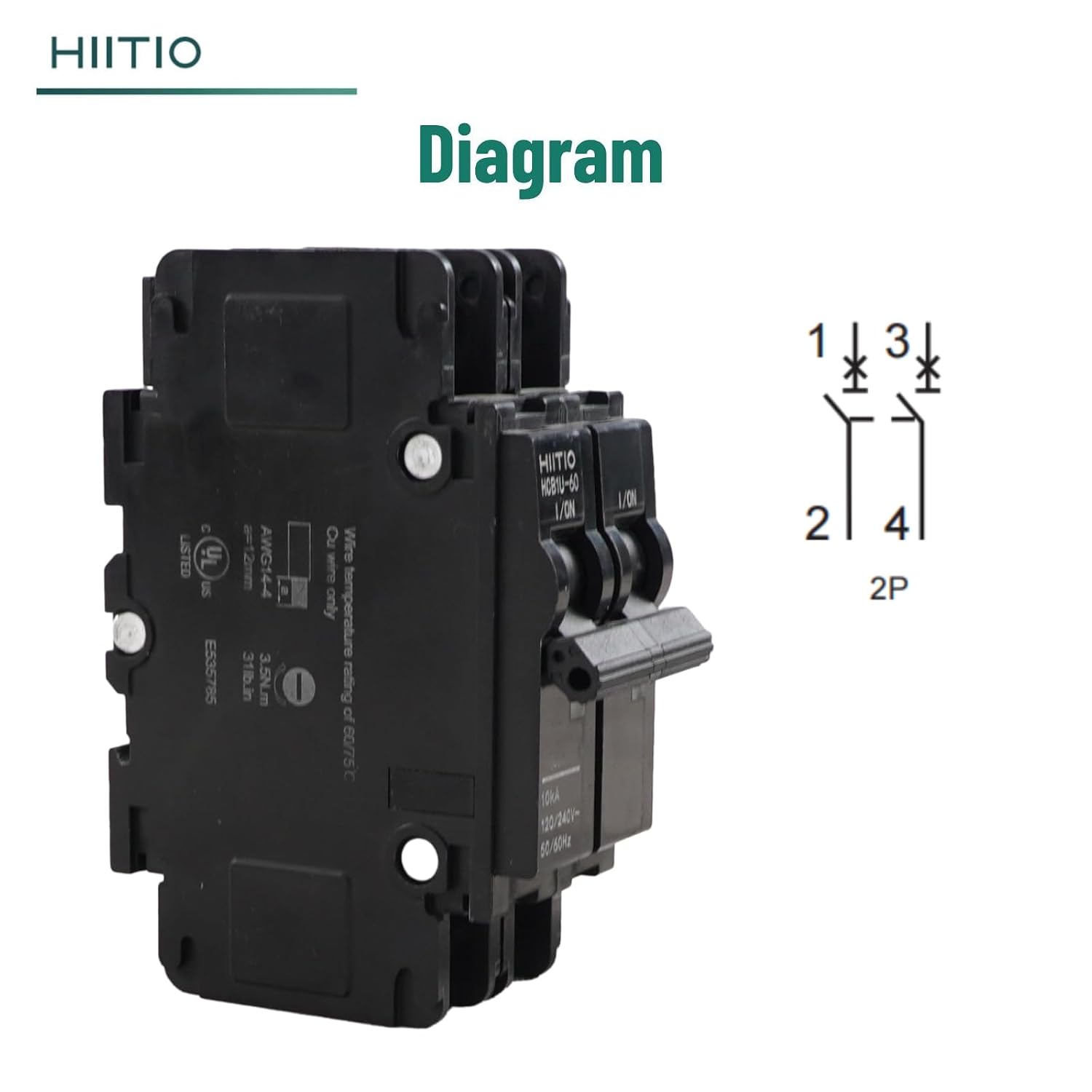 AC Miniature Circuit Breaker 35 Amp 120V/240V 2-Pole DIN Rail Mount (35mm) Circuit Breaker UL 489 Listed HCB1U-60 MCB