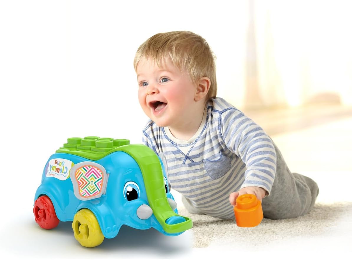 Clementoni 17697 Elefantino cart Bricks Construction Elephant Wagon-Playset Clemmy, Soft Building Blocks Children 10 Months, Made in Italy, Multicolour, One Size