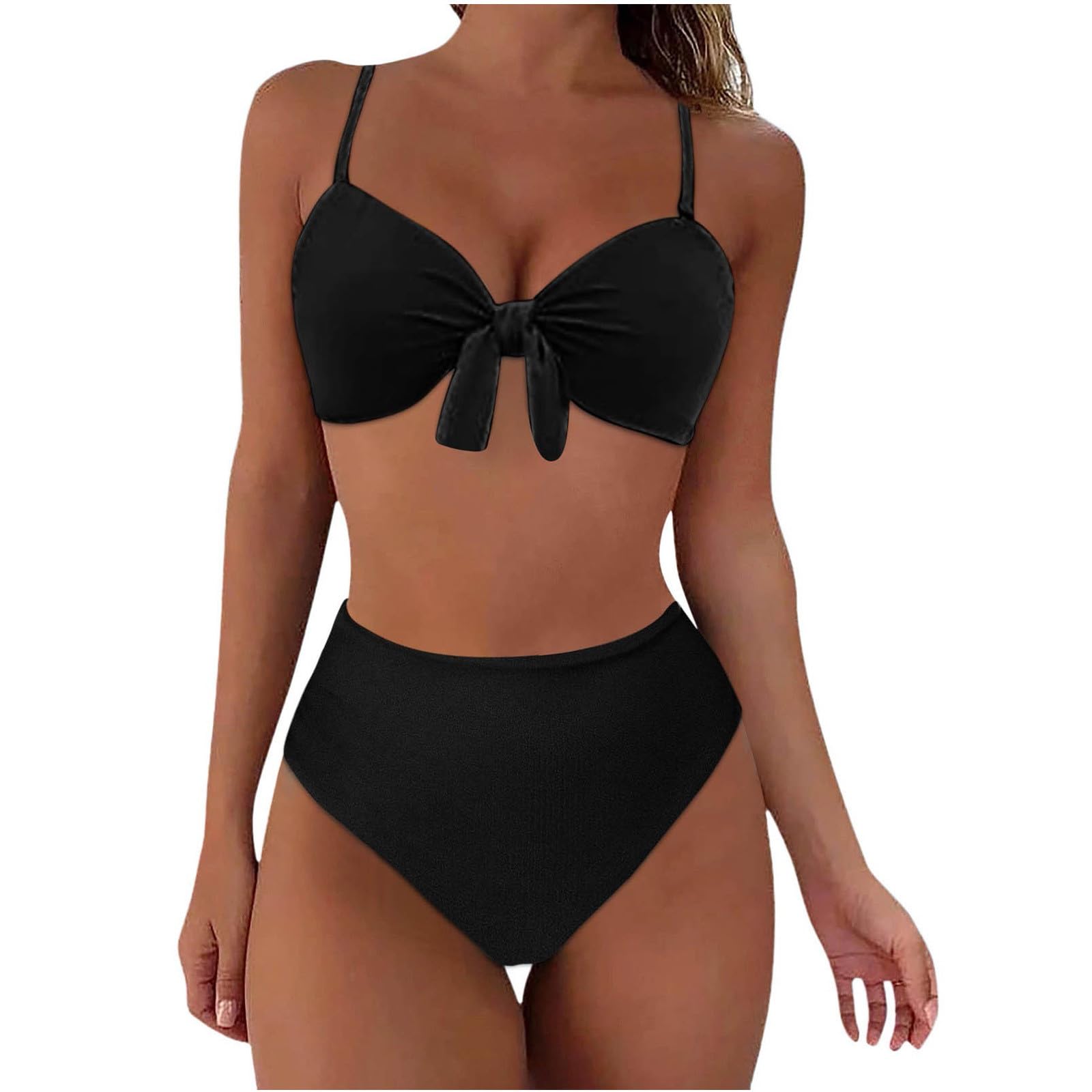 Womens Bikini Set Tie Knot V Neck Two Piece Swimsuits High Waisted Tummy Control Bathing Suits High Cut