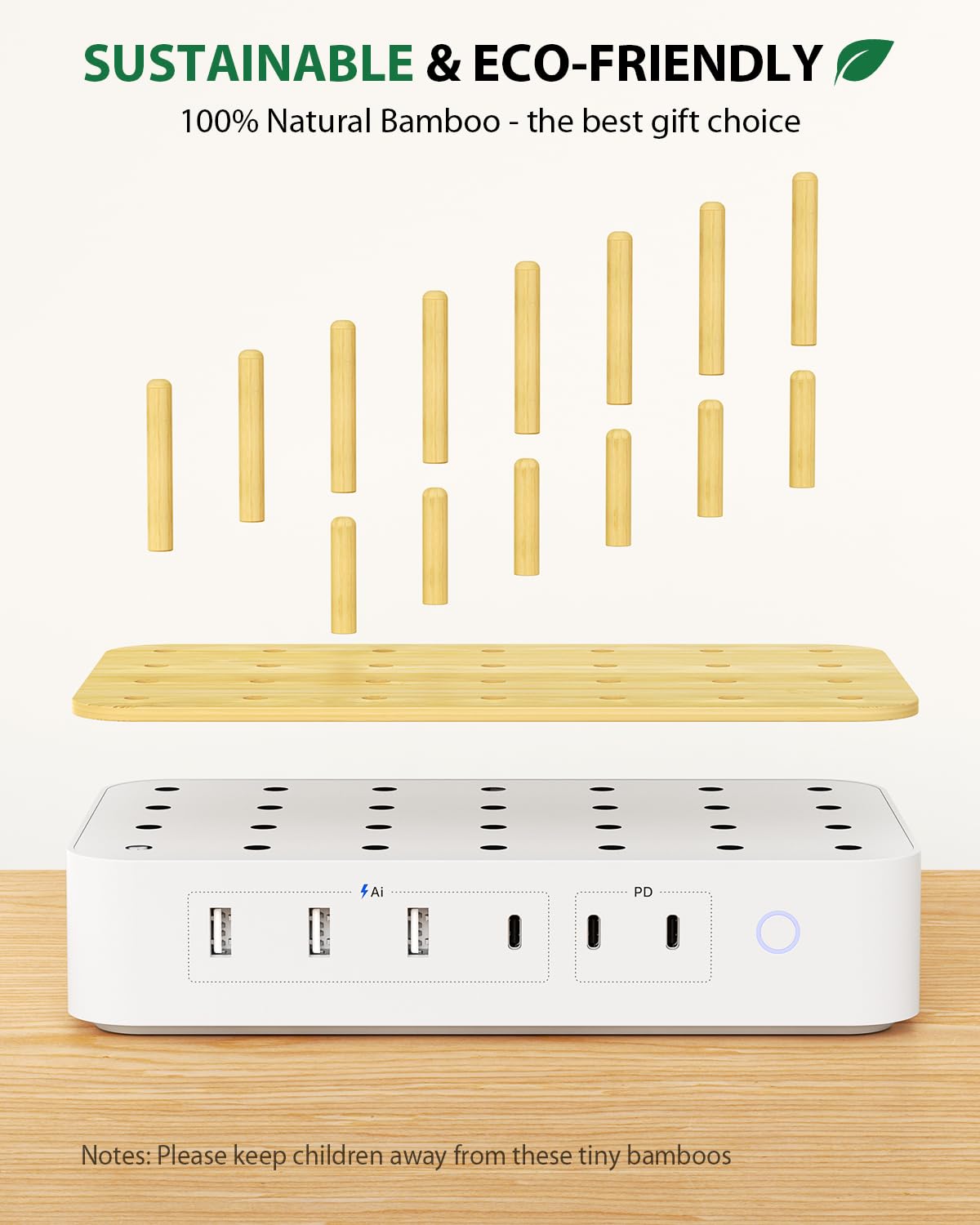 Station de charge USB C Bamboo pour plusieurs appareils, 60W, 6 ports, 3 prises secteur, 3 USB C, 3 USB A, cordon d'alimentation de 2 m pour lPhone, lPad et tablettes(6 câbles inclus),blanc