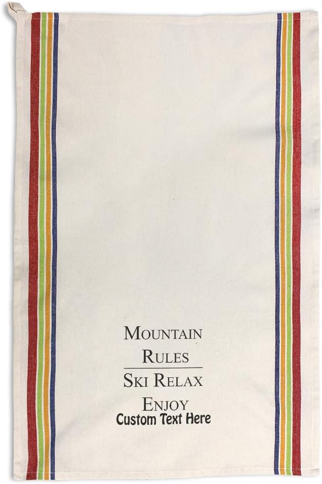 Custom Decor Kitchen Towels Mountain Rules Ski Relax Enjoy Sports Skating & Skiing Cleaning Supplies Dish Towels Multi Stripe Personalized Text Here