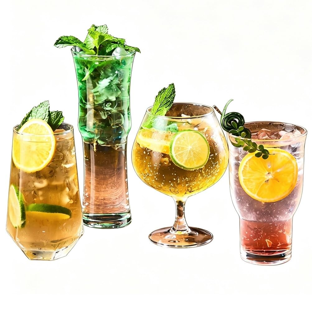 4-częściowy zestaw do koktajli z przezroczystego szkła - szklanki typu highball i na nóżce | gładko zwinięte obrzeża, stabilne pogrubione podstawy