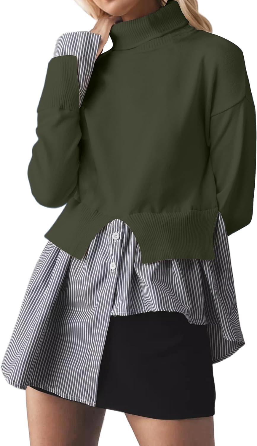 Turtleneck Asymmetrical Sweaters for Women Patchwork 2 in 1 Pullover Knit Sweater Slit Button Down Shirt 2026 Fall