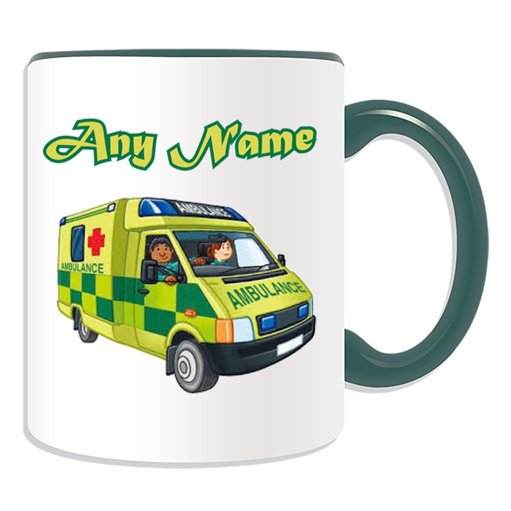 Unigift Green Personalised Gift - Uk Ambulance Mug (Transport Design Theme, Colour Options) - Any Name / Message On Your Unique - Nhs Van Vehicle Hospital St John Red Cross Paramedic Emergency Services 999 Driver Automobile