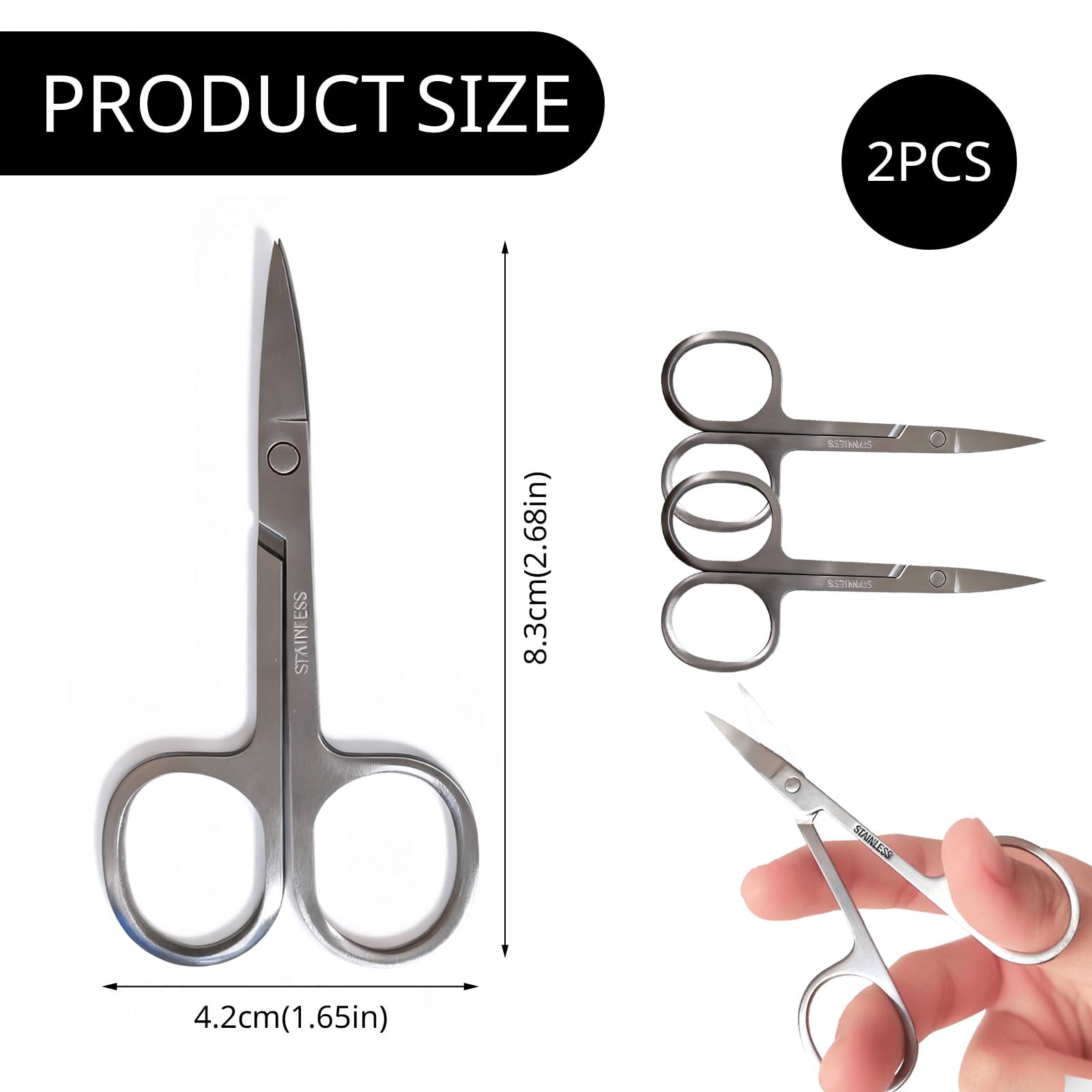 2pcs Ciseaux Ongles en Acier Inoxydable avec Lame Incurvée Tranchante, Cuticule Ongle, Ciseaux Sourcils Femme, (9G, 8.7CM)