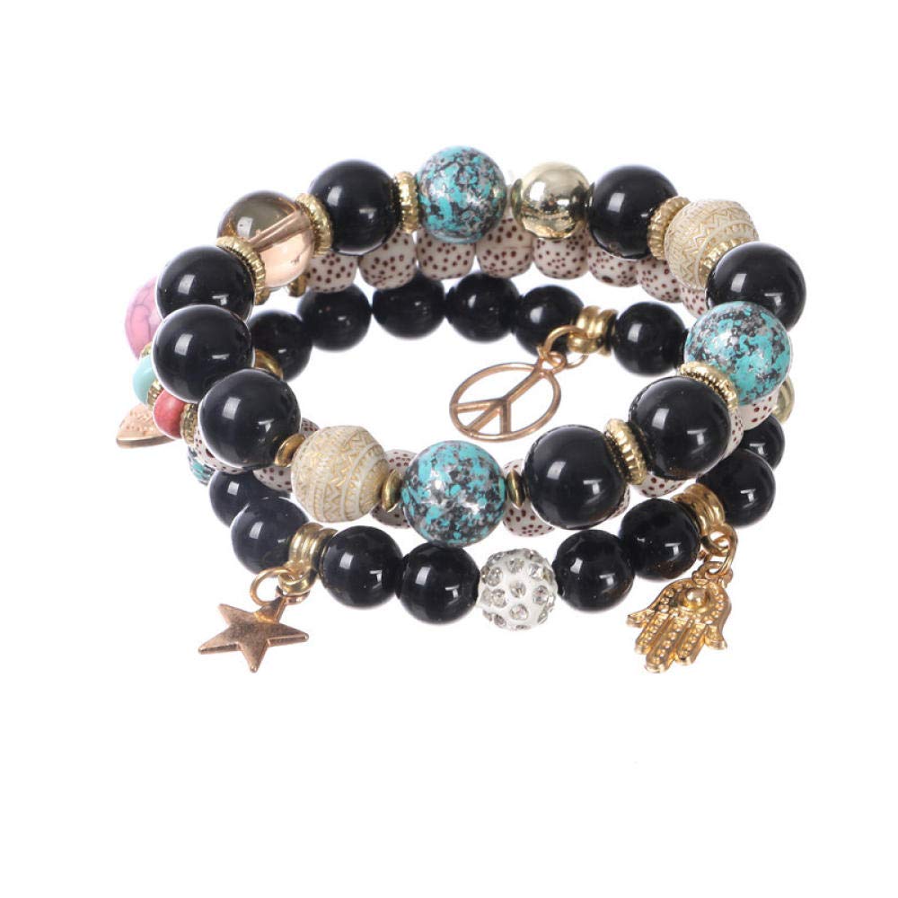 Bracciale in Perline in Lega per Donne, Bracciale in Perline Multistrato Bracciale Nero Bracciale Imitazione in Pietra Naturale Pietra Naturale in Perline Bracciale Elastico Multi-Stripe Bracciale