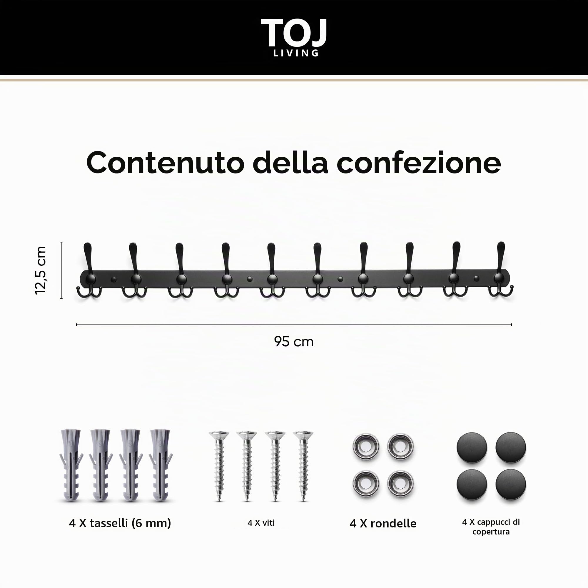 TOJ Appendiabiti da parete con 30 ganci - Appendiabiti da parete - Cornice appendiabiti in acciaio inox - 95 cm - Nero opaco