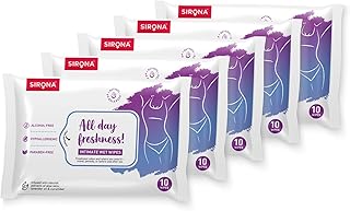 Sirona pH-Balanced Intimate Hygiene Wet Wipes - 10 Wipes (Pack of 5) | Neem & Sea Buckthorn Extract | Alcohol-Free | Soft Nonwoven Fabric | On-the-Go Freshness for Travel, Periods & Pre/Post Intimacy