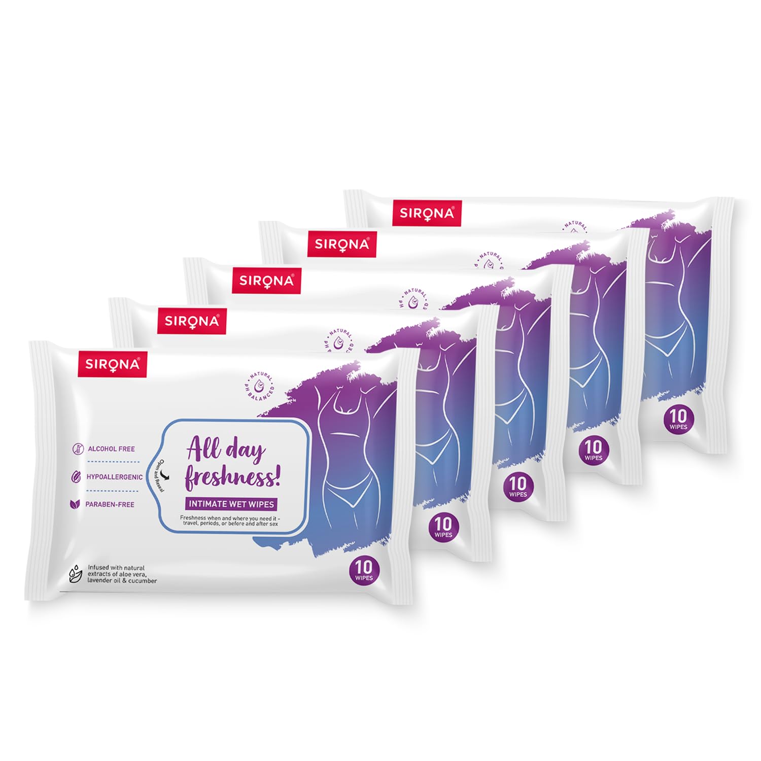 Sirona pH-Balanced Intimate Hygiene Wet Wipes - 10 Wipes (Pack of 5) | Neem & Sea Buckthorn Extract | Alcohol-Free | Soft Nonwoven Fabric | On Freshness for Travel, Periods & Pre/Post Intimacy