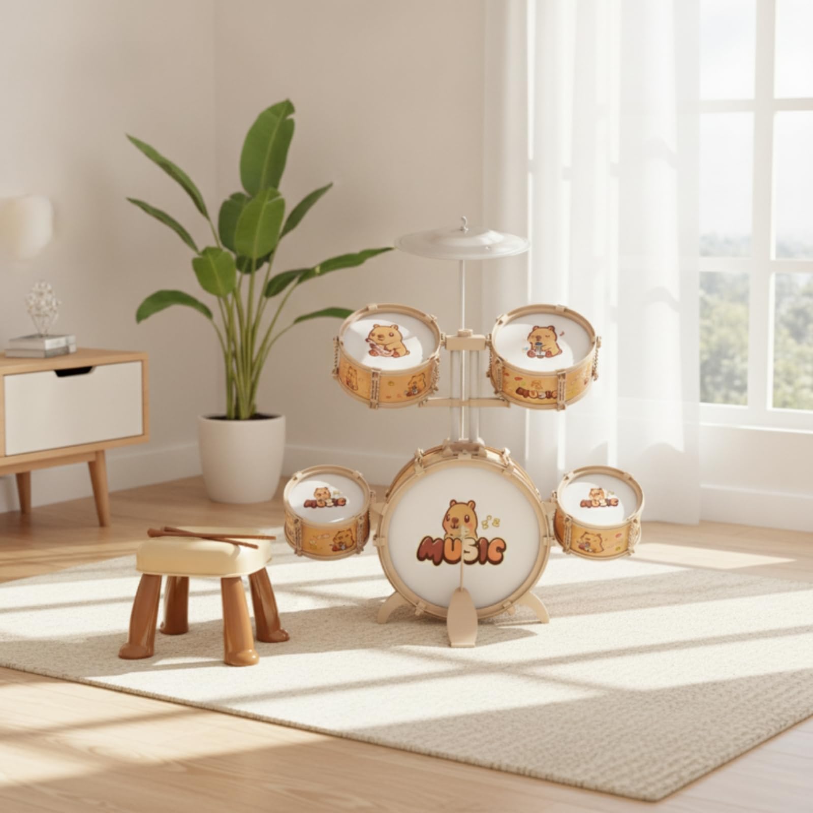 Batería Infantil Musical Conjunto de Tambores para Niños Kit de Percusión Juguete Educativo con Platillo y Asiento Ayuda al y la Melodía con , Capybara