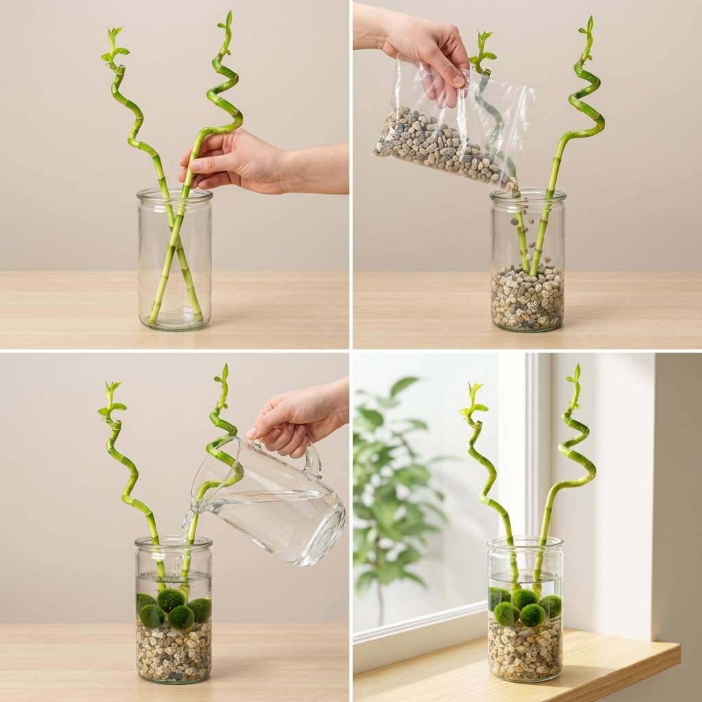 vdvelde․com - Lucky Bamboo 2 steli in vaso di vetro, pianta vera | Dracaena sanderiana con sassolini e 5 palline di muschio che mantengono limpida l'acqua, altezza 40-45 cm