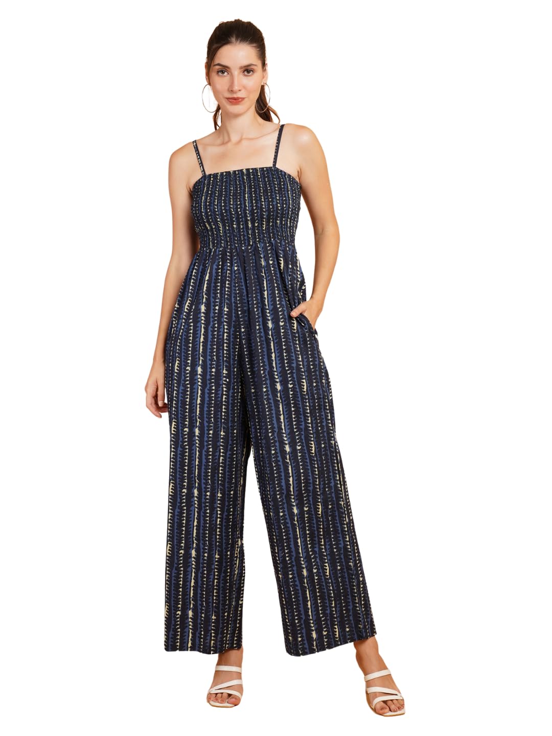 Women Navy Blue & Off White Stripe Smocked Jumpsuit