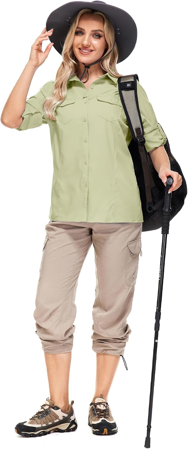 Women UPF 50+ Sun Protection Safari Shirts Quick Dry Lightweight Outdoor Fishing Hiking Travel Shirts with Zipper Pockets