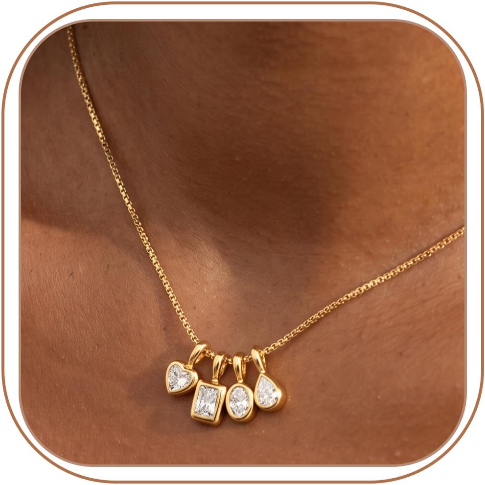 Collar de oro para mujer, delicado collar con colgante de circonita cúbica con corazón/lágrima/redondo/rectángulo extraíble, collares de diamantes de oro que no se deslustran