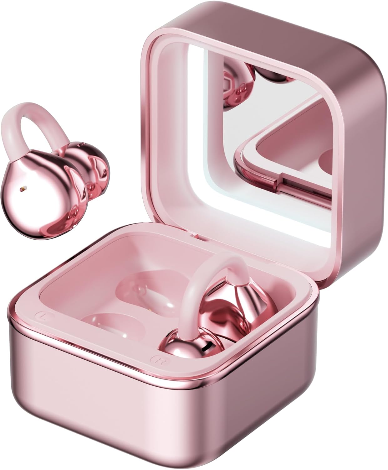 Wireless Earbuds with LED Makeup Mirror Case, Bluetooth 6.0 Open Ear Clip-On Headphones, Cute Pink Air Conduction Earphones for Women, Low Latency, Secure Fit for Running & Travel