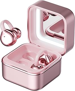 Wireless Earbuds with LED Makeup Mirror Case, Bluetooth 6.0 Open Ear Clip-On Headphones, Cute Pink Air Conduction Earphones for Women, Low Latency, Secure Fit for Running & Travel