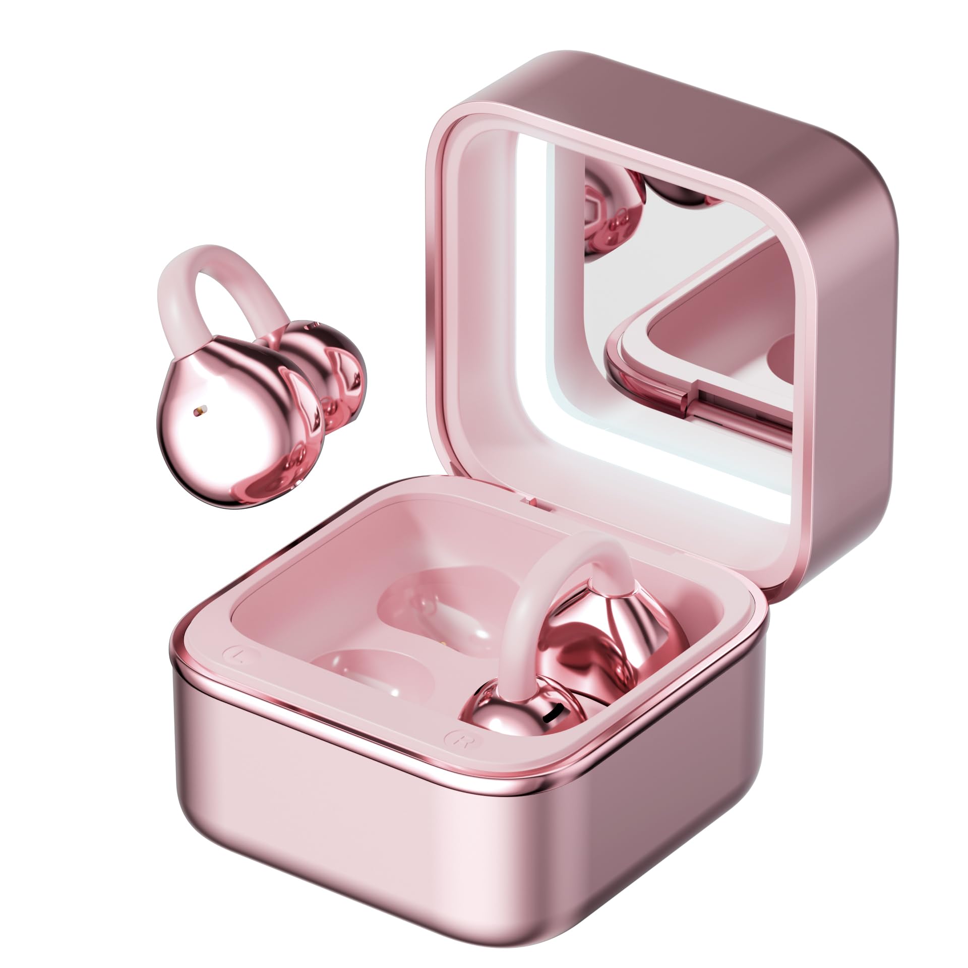 Wireless Earbuds with LED Makeup Mirror Case, Bluetooth 6.0 Open Ear Clip-On Headphones, Cute Pink Air Conduction Earphones for Women, Low Latency, Secure Fit for Running & Travel-image-41