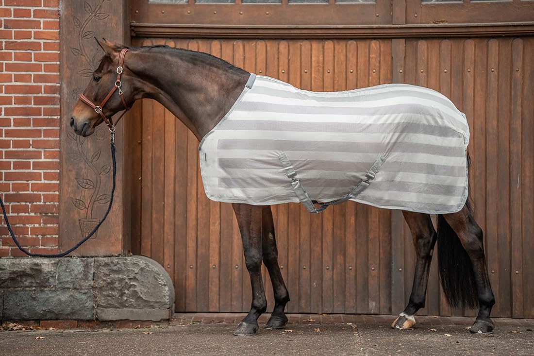 Equinate Fliegendecke Guardian mit Kreuzbegurtung und Widerristpolster 155cm Silbergrau - Ekzemerdecke mit effektiven Schutz vor Fliegen und Insekten - Pferdedecke - Weidedecke