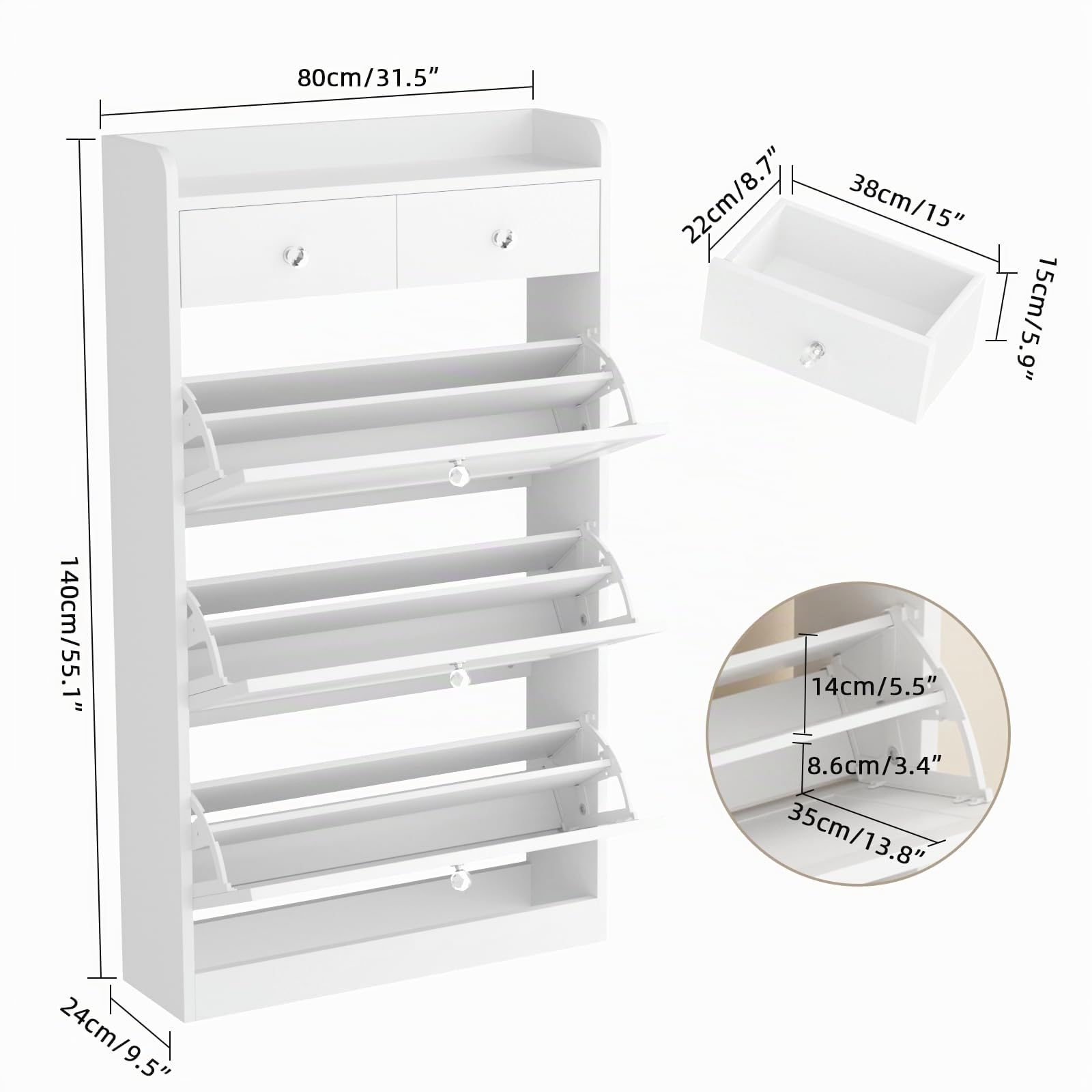 VOWNER Schuhschrank Schmal Schuhregal 80x24x140cm (Weiss)