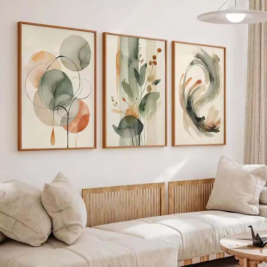 DIHANSM Abstrakte Aquarell-Wandkunst in Beige und Graugrün, Pflanzen- und geometrische Muster, japanische Wabi-Sabi Zen-Wanddekoration (70 x 100 cm x 3/ungerahmt)