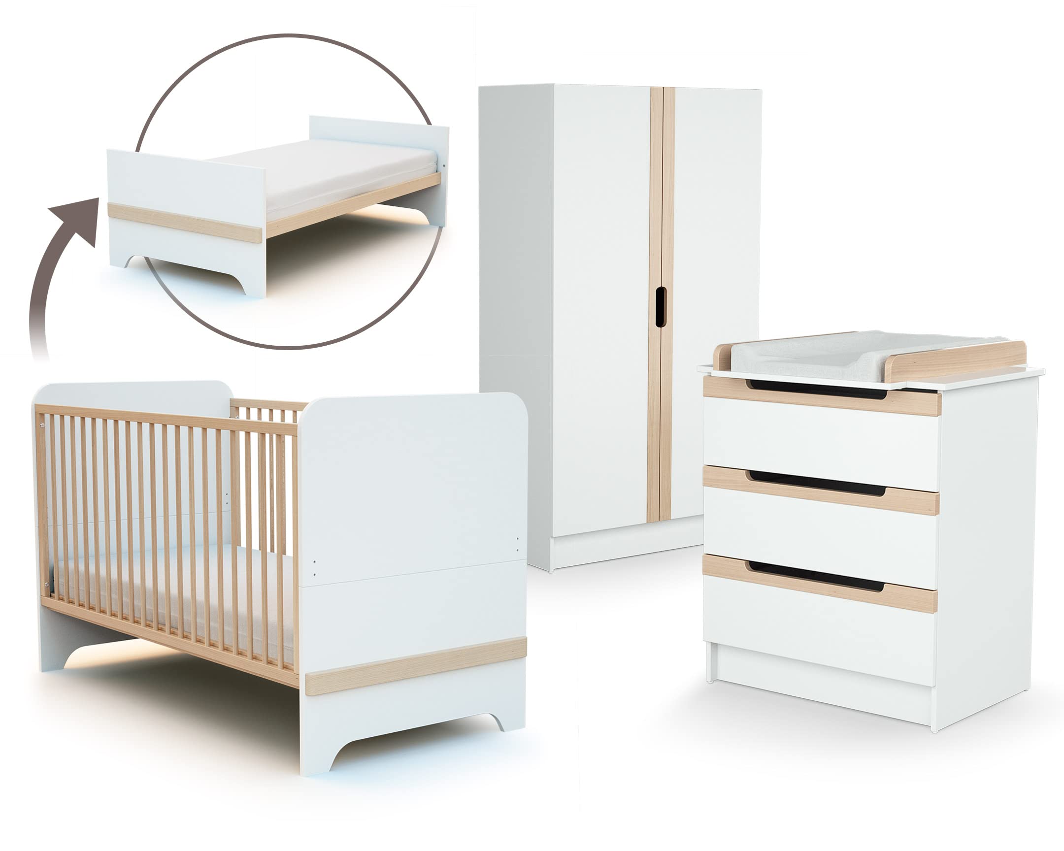 AT4 - Habitación bebé completa CARROUSEL madera - Blanco/Haya Barnizada - 70 x 140-147,5 x 78 x 93,5/79 x 65,5 x 94/51 x 96 x 176 cm