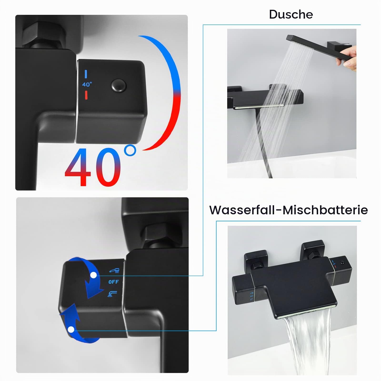 Thermostat Wasserfall Badewannenarmatur Schwarz Wandmontage Wannenarmatur Mit Handbrause Wannenbatterie,Armatur für Badezimmer Bad,Messing 4Y3OK