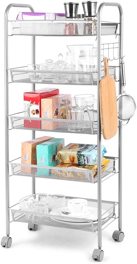 Cozzine 5 Tier Basket Mesh Rolling Kitchen Trolley, Utility Storage Rack Rolling Cart with 5 Side Hooks, Sturdy Serving Trolley mit 4 Locking Wheels for Home Office Kitchen Bathroom, Sliver