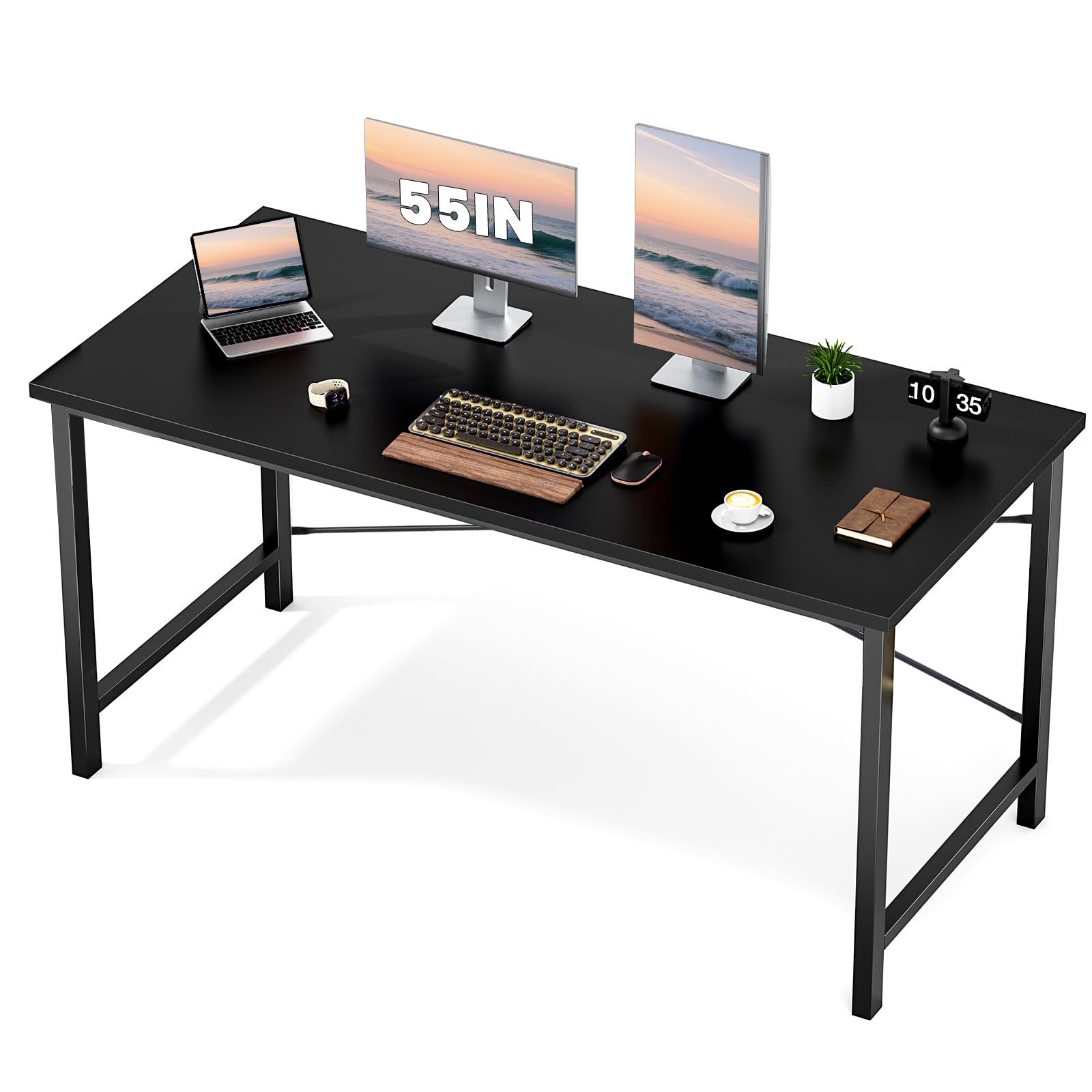 Sweetcrispy Computer Office Desk 55 Inch Student Study Writing Work with Metal Frame Wood Tabletop Modern Simple PC Home Bedroom Table - Black
