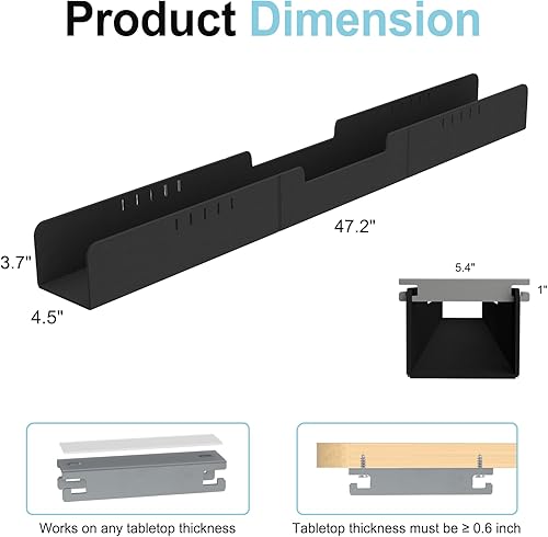 Miniatura 6 de Bandeja de gestión de cables de 47.2 pulgadas sin taladrar debajo del escritorio, organizador de cables de fieltro para mesa, bandeja de gestión de