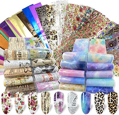 100 Sheets Nail Foil Transfer Sticker Kit, Bagvhandbagro Nail Art Decals Nail Foil Tips Starry Sky Laser Flower Leopard Print Transfer Foils Stickers DIY Nail Art Decorations Nail Supplies Nail Design