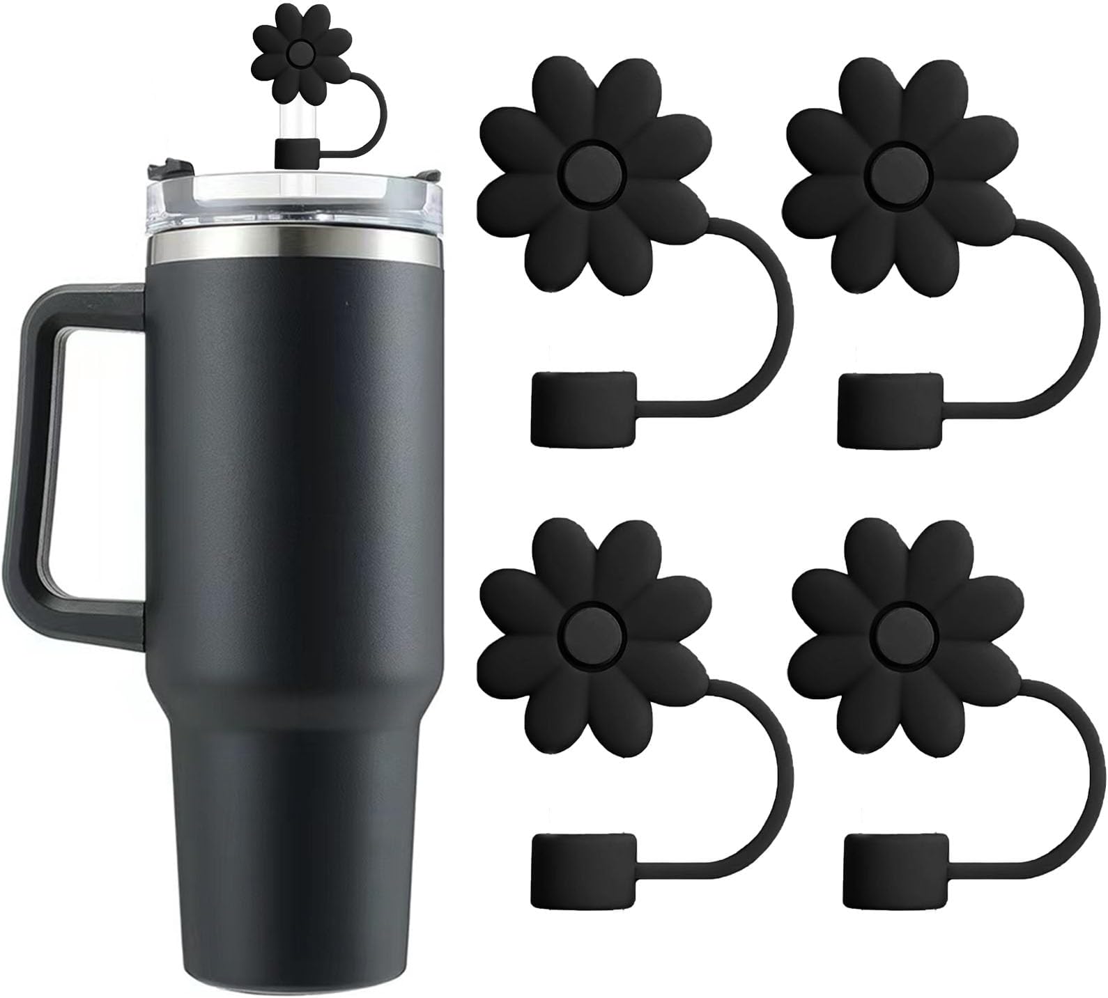 SpexArtFlower Straw Covers Toppers for Stanley Cups 30&40 Oz Tumbler Accessories 4PCS Silicone Straw Caps Reusable Straw Tips Protectors for Stanley Cup 10mm 0.4in Straws,Black