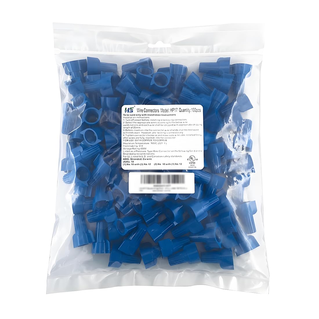 Lot de 100 embouts de fils électriques à ailettes bleues en vrac, grands connecteurs à visser 14-6 AWG, bornes à vis de type HS P17
