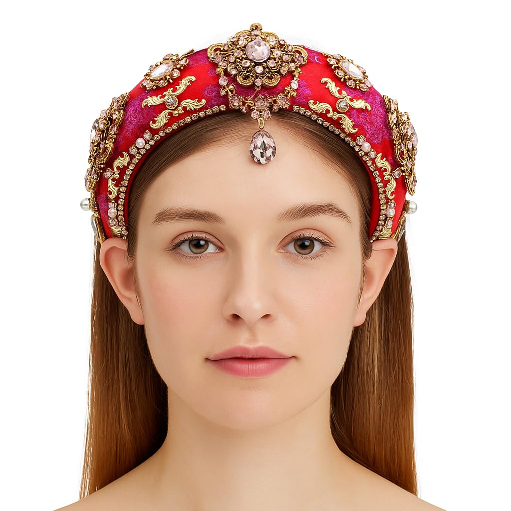 Big Crystal Flower Headband for Women Rhinestone Pearl Luxury Decorative Bead Royal Sponge Hairband Hair Hoop Accessories (H1128-rosy)