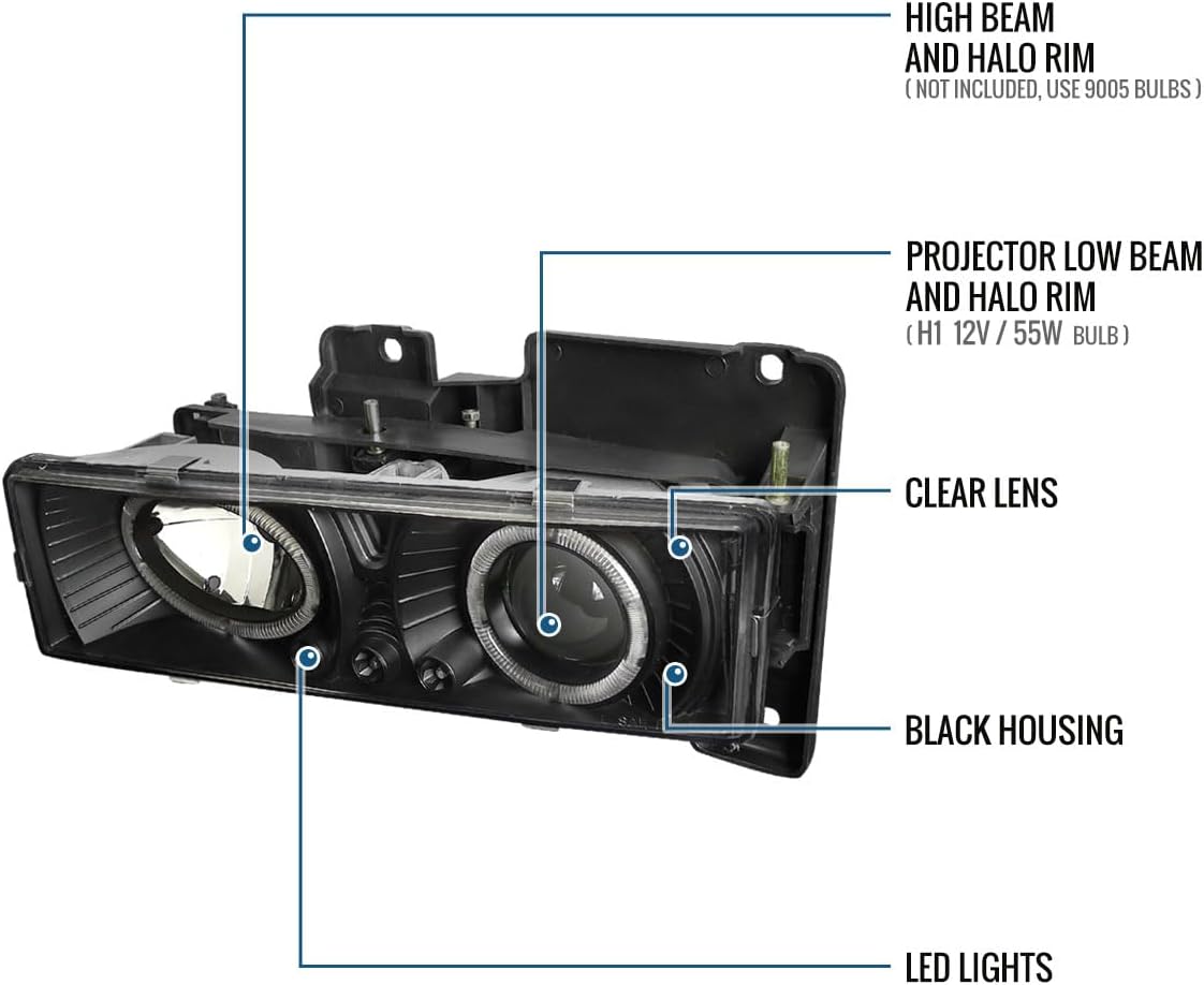 Ronnin - Fits 1988-1999 Chevy GMC C10 C/K 1500 2500 3500 Suburban Yukon Blazer Tahoe Silverado Sierra Upgraded LED Dual Rims Projector Headlights Assembly Pair | Black
