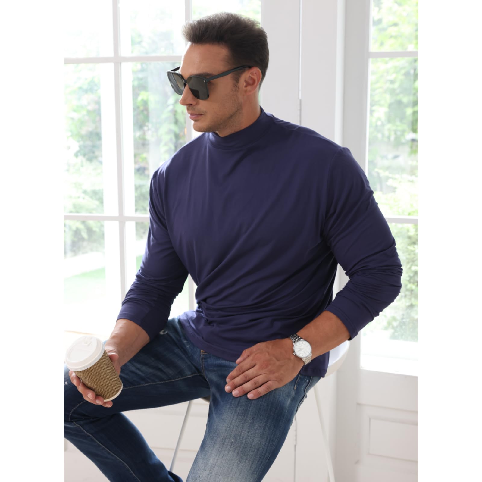 LAOARA T Shirt Uomo Collo Alto Cotone Maglietta Manica Lunga Slim Fit Maglia Tshirt Pullover Maniche Lunghe M-3XL