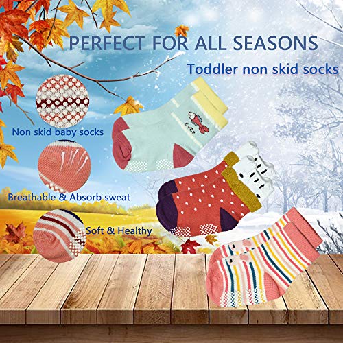 Image of Tphon 12 Pairs Toddler Non Skid Socks with Grips Anti Slip Bottom, Cotton Non Slip Ankle Crew Socks for Boys, Girls, Kids(1-7Years)