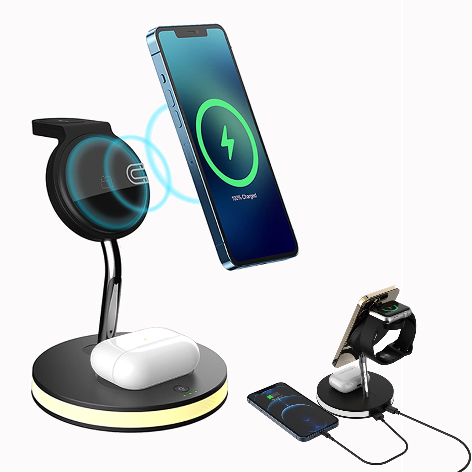 Wireless Charger Stand, 5 in 1 MagneticCharger Stand Fast Mag-Safe Charging Dock Station LED Night L
