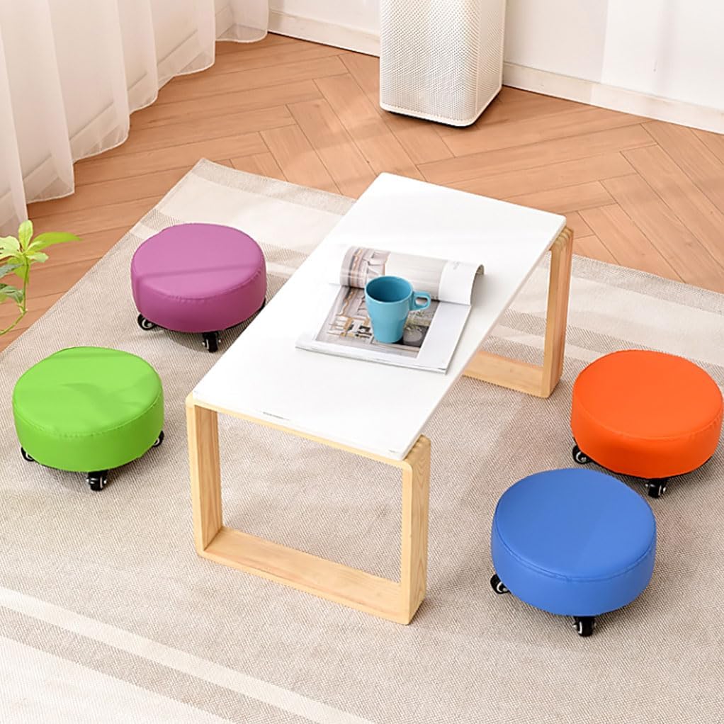 Low Roller Stool with 360° Swivel Wheels, Low-Height Short Rolling Stool Seat, PU Leather Heavy-Duty Small Mechanic Chair, Rolling Stools for Pedicure, Garage, Shop, Library Purple