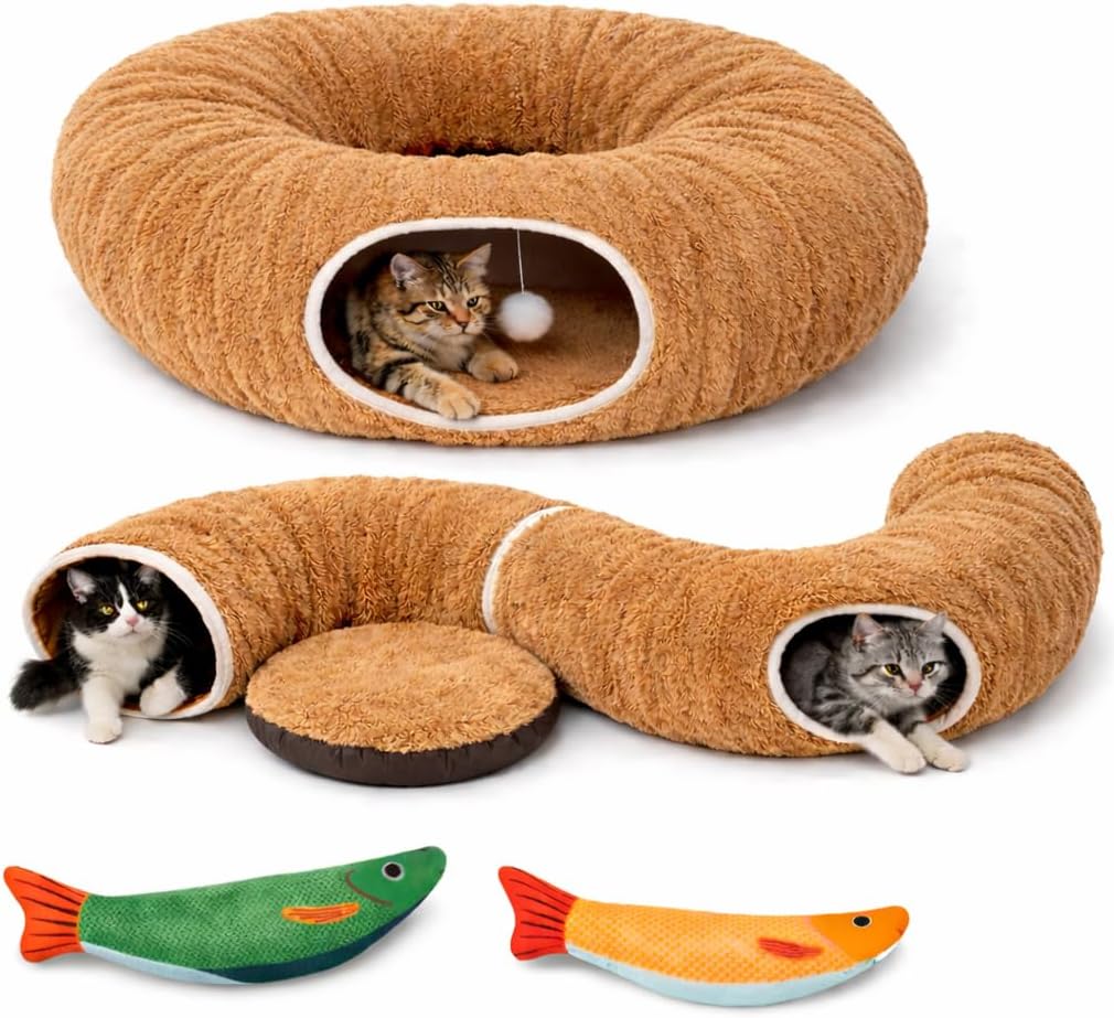 R1M Cat Tunnel Bed for Indoor Cats, Round Cat Donut Tunnel with Washable Cushion, Peekaboo Pet Cave Play Tunnel Toy for Kittens, Cats & Rabbits, Brown