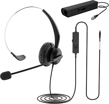 PChero Headset Landline Telephone Monaural Wired Telephone Headphones Noise Cancelling Microphone with Mic Mute Button RJ9 4-Pin Hitachi NEC