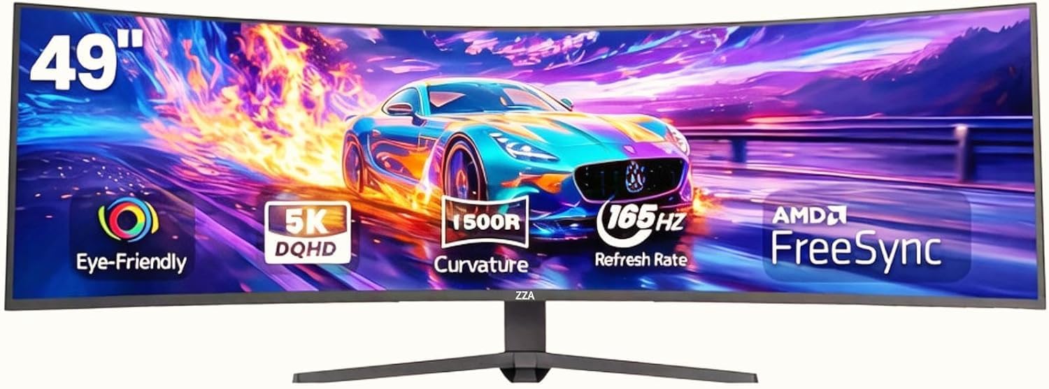 ZZA 49 Zoll Ultrawide Curved Gaming Monitor 165Hz, 32:9 DQHD 5120x1440, 1ms