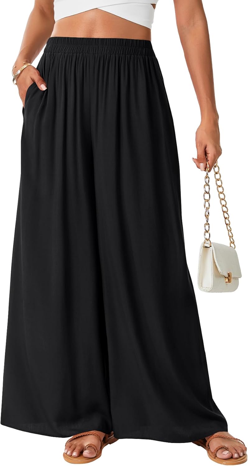 Rooscier Women's Wide Leg Elastic High Waist Flowy Lounge Trousers Maxi Pants with Pockets