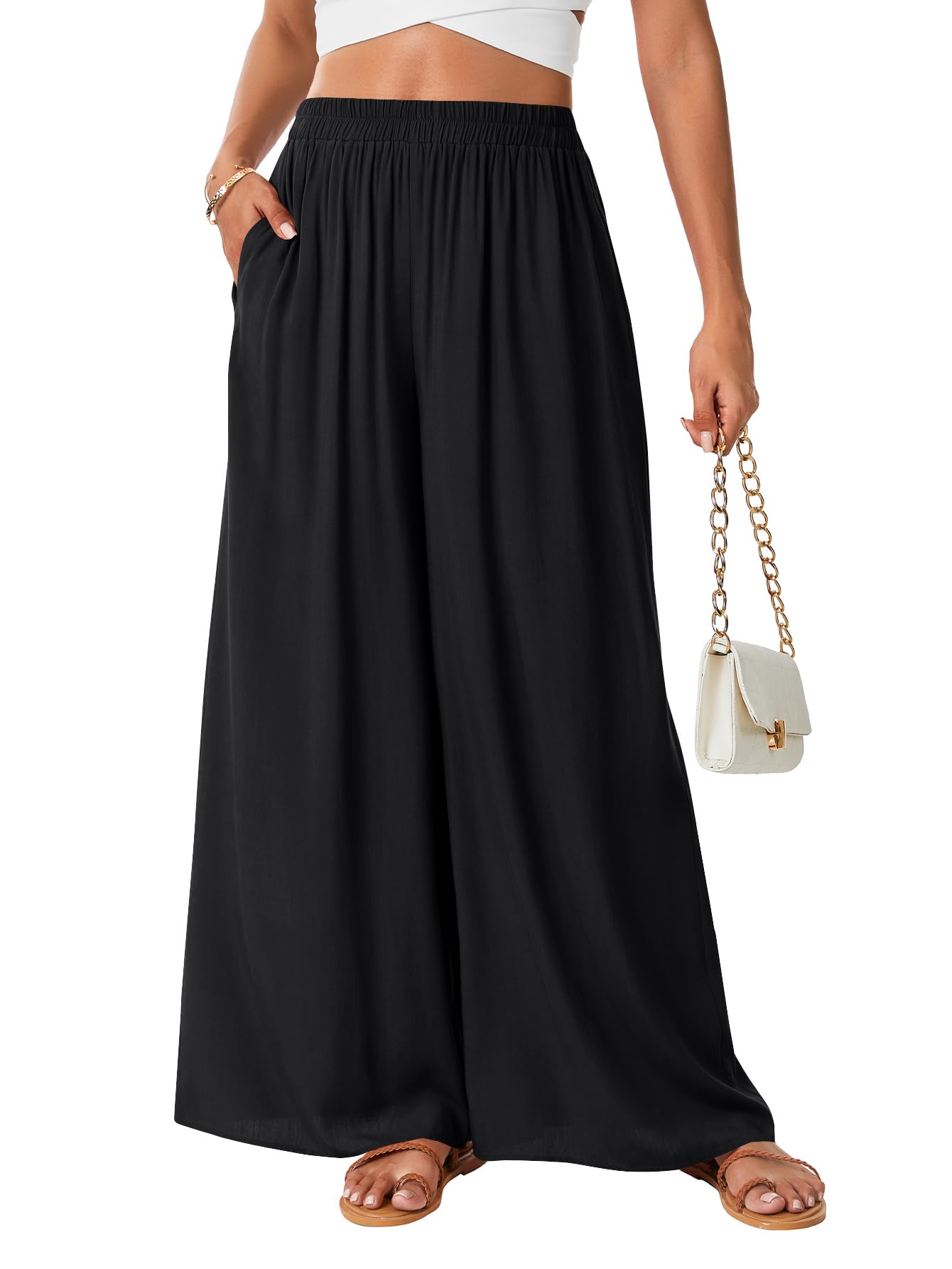 Rooscier Womens Wide Leg Elastic High Waist Flowy Lounge Trousers Maxi Pants with Pockets