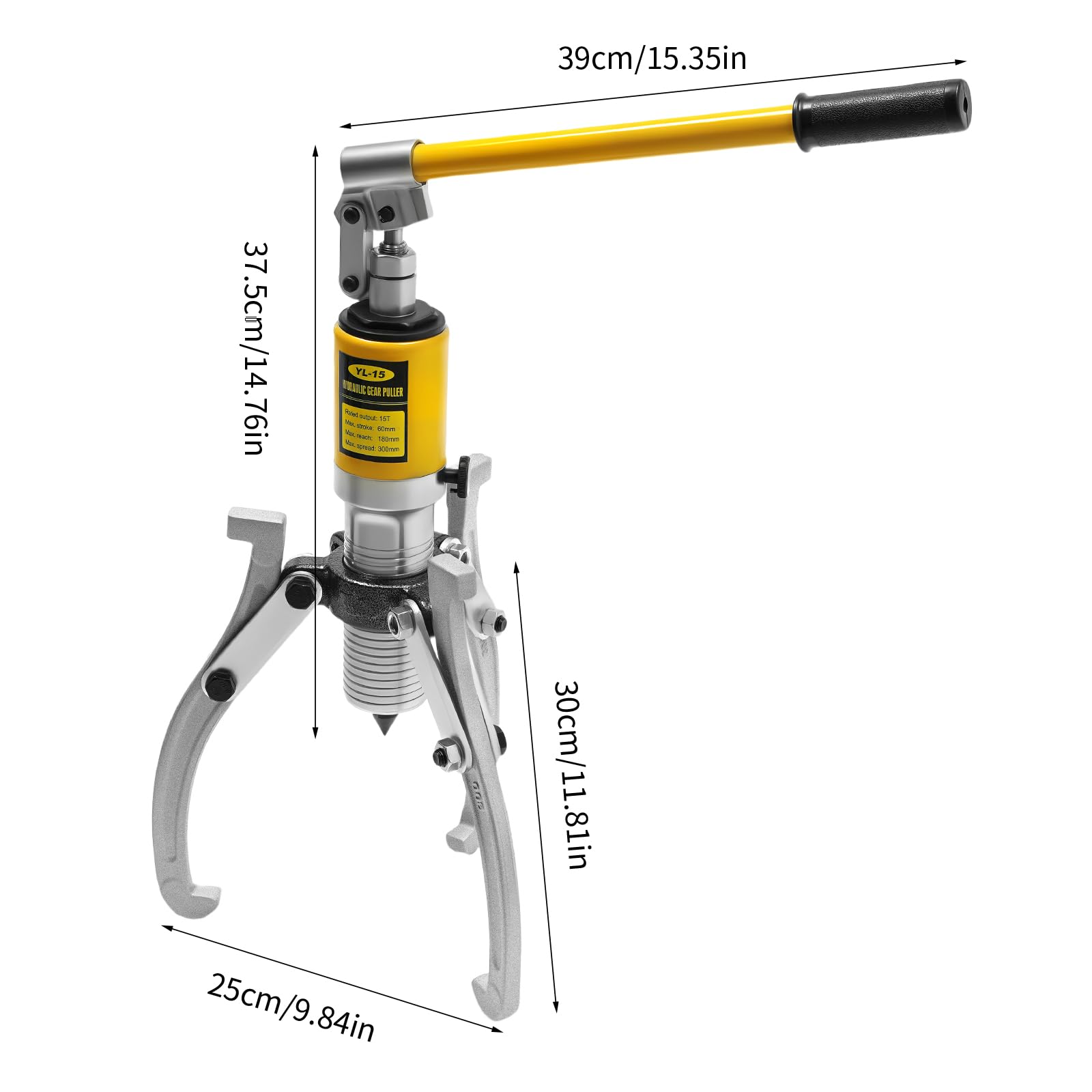 15T - Extractor hidráulico de cubo de rueda, 3 mordazas para engranajes, poleas, bridas con 300 mm de envergadura, alcance de 180 mm, carrera de 60 mm