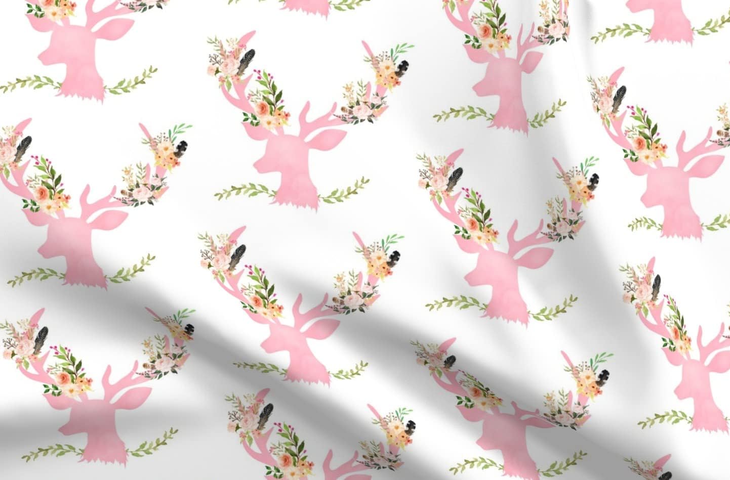 Spoonflower Fabric - Pink Floral Deer Woodland Girl Flowers Pastel Wedding Printed on Upholstery Velvet Fabric Fat Quarter - Upholstery Home Decor Bottomweight Apparel