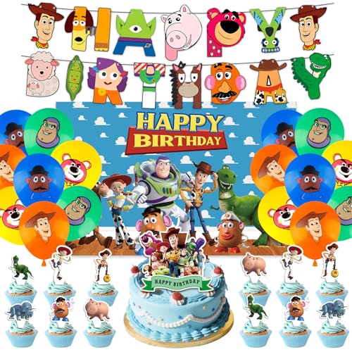43PCS Toy Inspired Story Party Decorations Cartoon Theme Birthday Decorations With Backdrop Banner Latex Balloons Cake Topper Cupcake Toppers Toy Birthday Party Supplies for Kids Boys And Girls