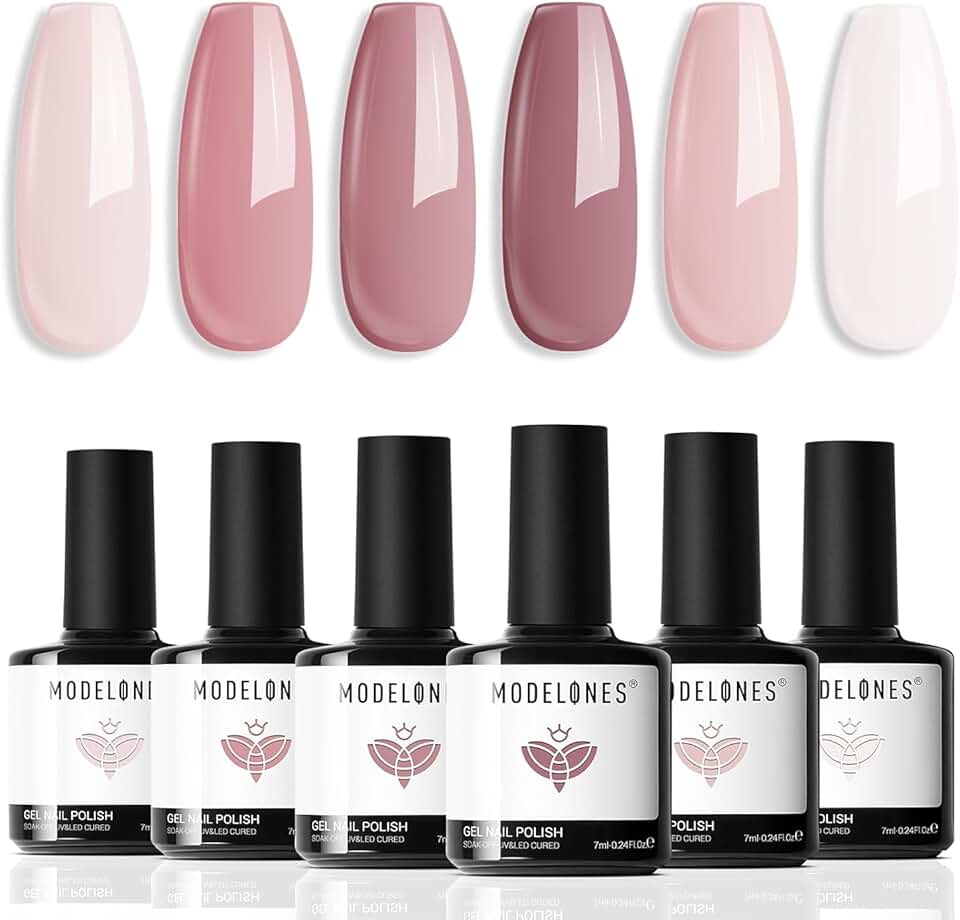 modelones Conjunto de esmaltes em gel - 6 cores nude rosa leitoso branco Conjunto de esmaltes em gel rosa neutro claro Kit inicial de esmaltes com LED Soak Off Barely Pink Presentes populares para manicure DIY