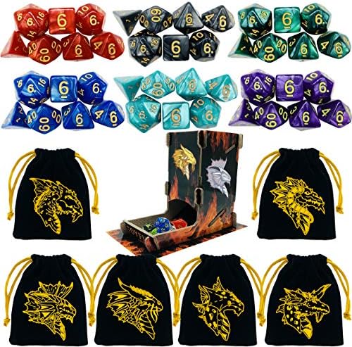 TOYFUL 6 Sets DND Dice Polyhedral Dungeons and Dragons DND RPG MTG Table Game Dice Bulk with Free Six Drawstring Bags and D&D Dice Tower Black