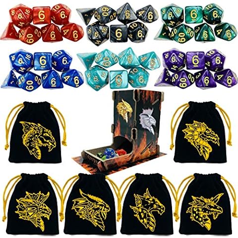 TOYFUL 6 Sets DND Dice Polyhedral Dungeons and Dragons DND RPG MTG Table Game Dice Bulk with Free Six Drawstring Bags and D&D Dice Tower Black Cover
