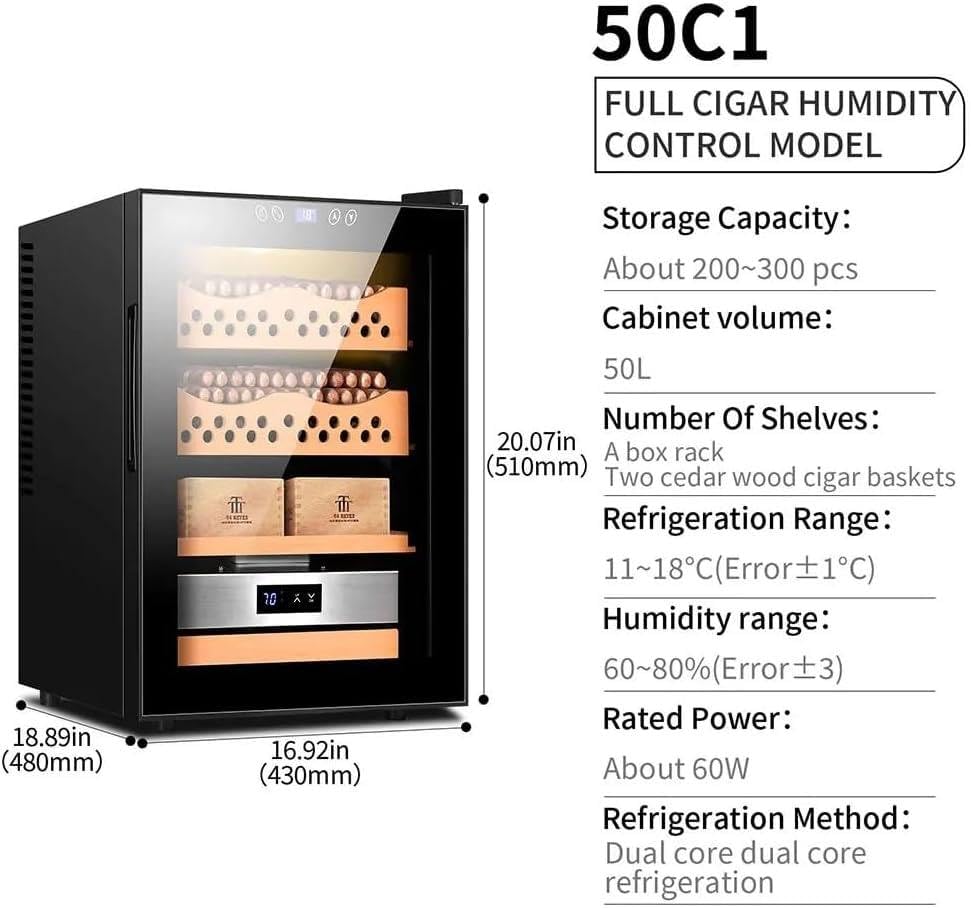Zigarren Humidor, 50L Elektrischer Humidor Schrank mit Zedernholzregalen, Intelligente Temperaturregelung, Touch-Display, Elektronischer Kühler Humidor